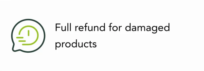 A graphic with a green and black speech-bubble icon next to the text 'Full refund for damaged products' on a white background.